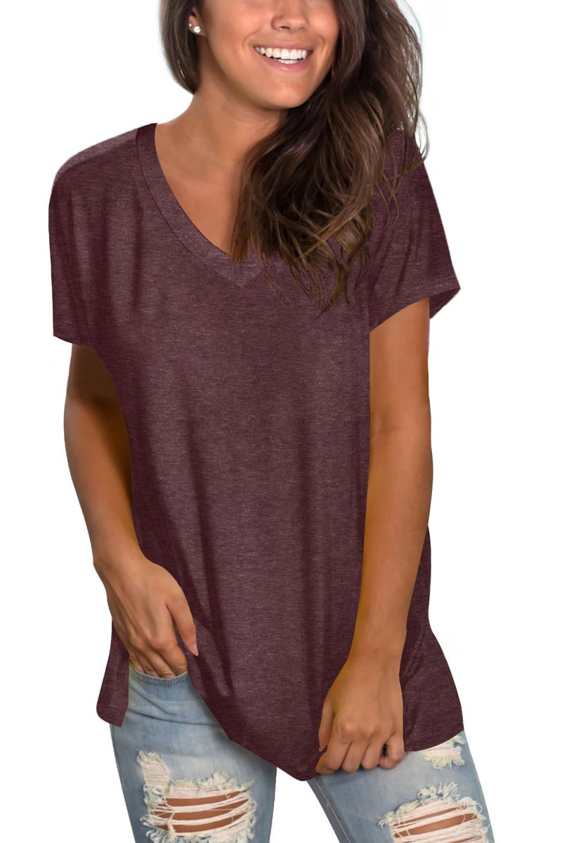 Sipaya Summer Tops for Women V Neck Short Sleeve T Shirts Basic Comfortable Blouses Brick Red S - Image 2